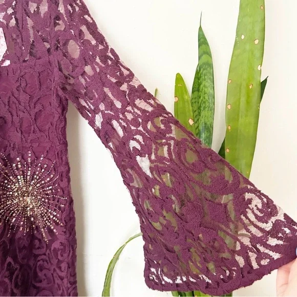 NWT Free People North Star Lace A-Line Mini Dress Plum Bell Sleeve Size 12 - Picture 4 of 9